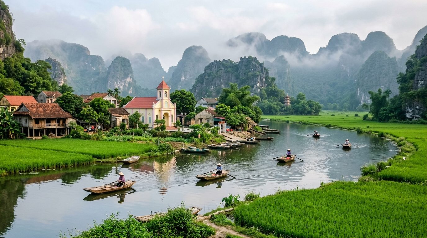 Village lacustre de Kenh Ga avec ses barques sur la rivière Hoang Long bordée de falaises calcaires